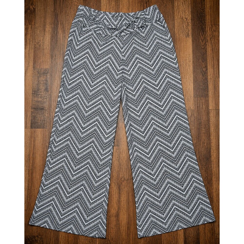 Wide Leg Palazzo Pants Womens XL Chevron Geometric Pull On Stretch Boho Black